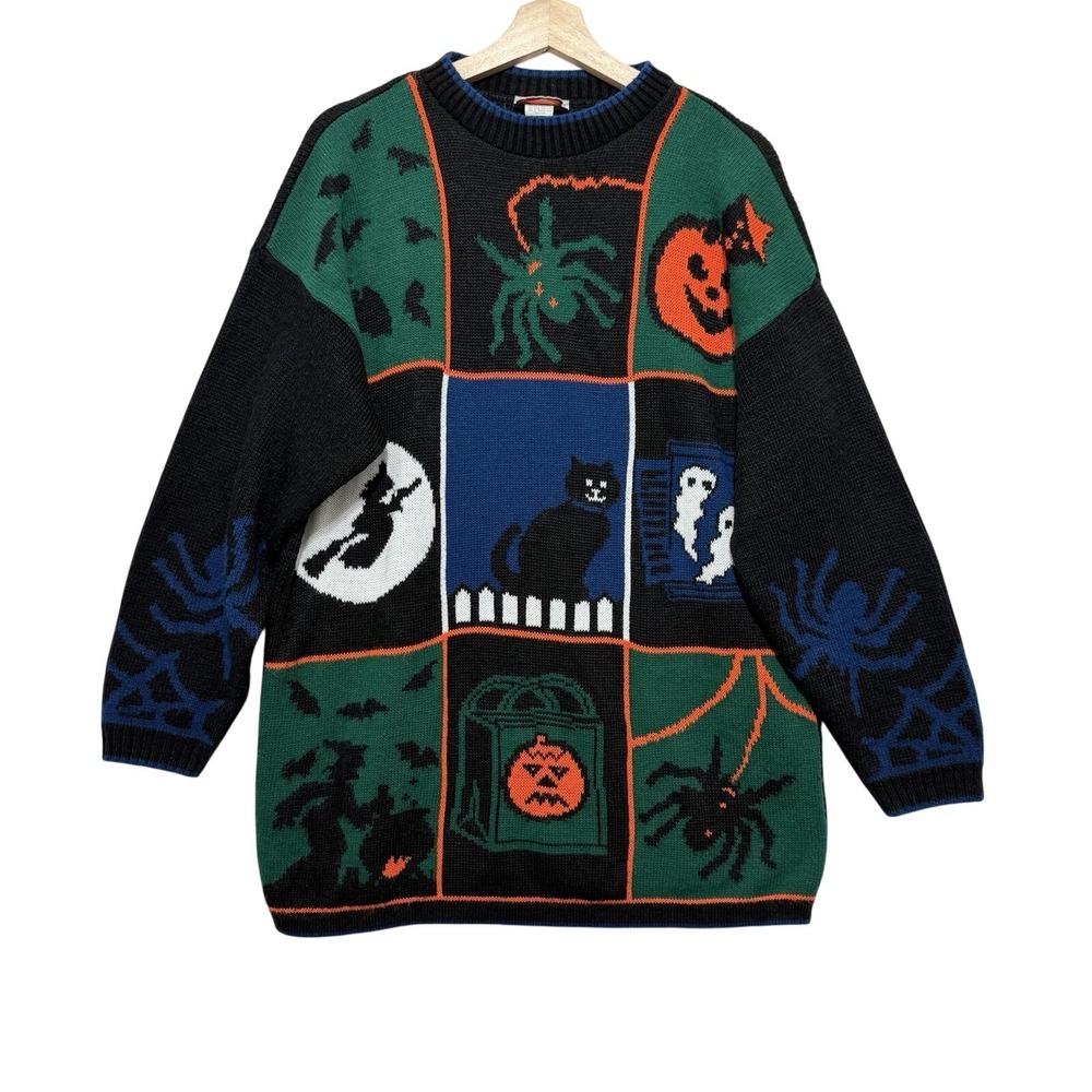 HOT CASHEWS Vintage Halloween Sweater Grannycore Knit Spider Cat Pumpkin Medium